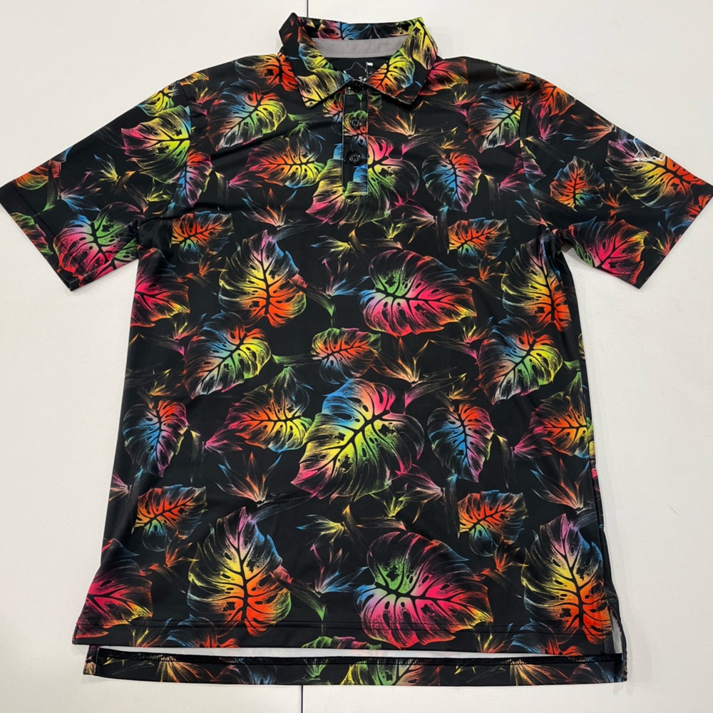 SOLD Oahu Golf Polo Hawaiian Print UV Performance Stretch Black Floral Men’s S